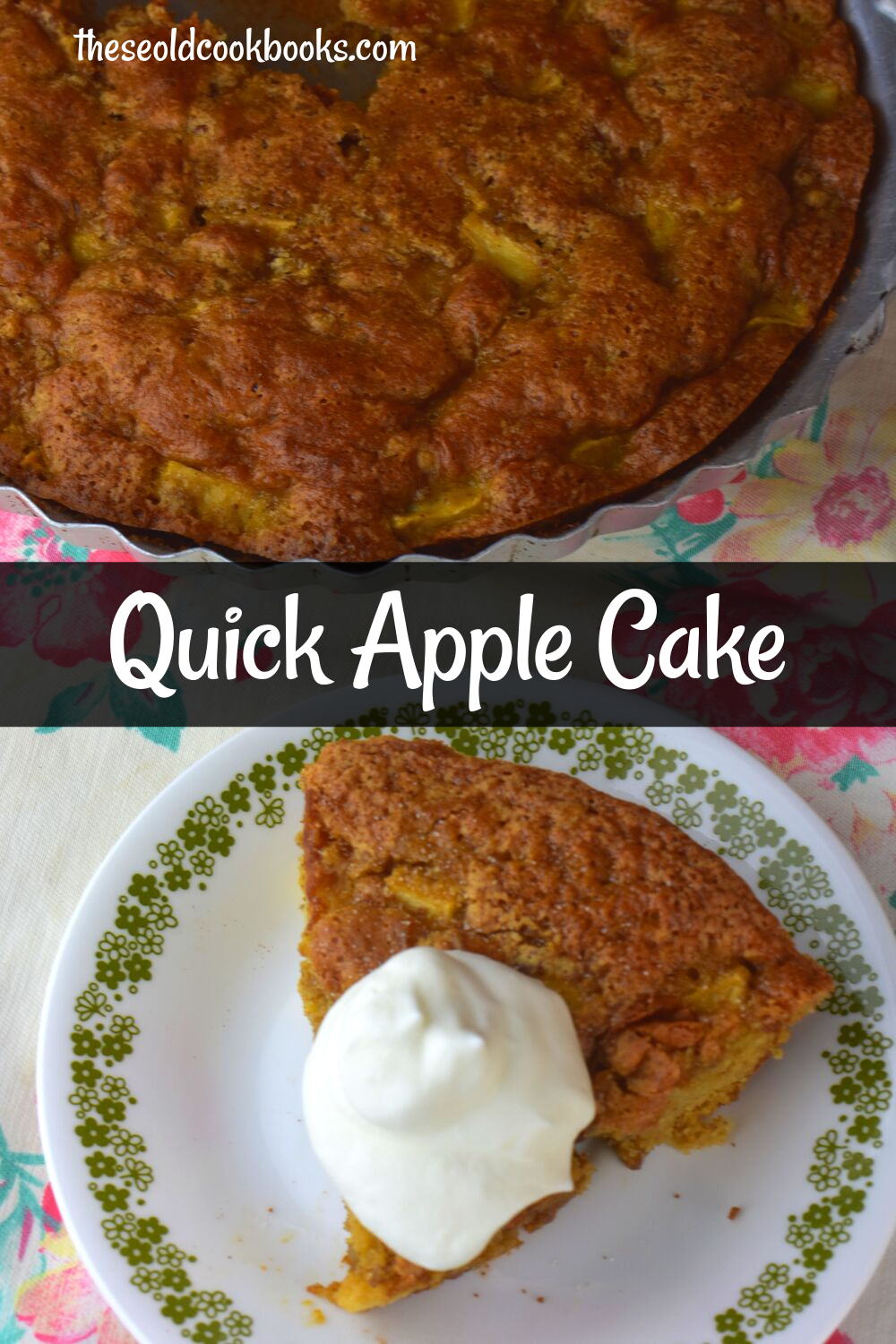 This easy apple cake is unique because it's baked in a pie plate. It's a thin cake that bakes quickly. The batter is thick and sticky, and absolutely tempting to eat on your finger!