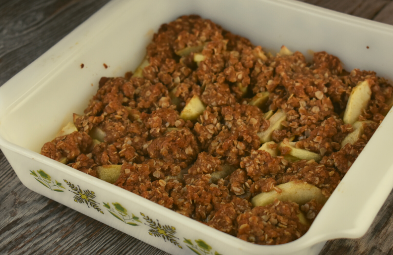 This Old-Fashioned AppleC rumble with Oat Topping has the flavor of butter, cinnamon, brown sugar and apples.  This dessert is one your grandma made back in the day and will still have your family begging for more.