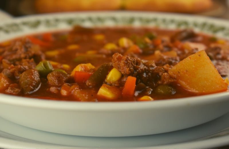 With 5 simple ingredients, you can have a warm, hearty, family-pleasing soup on the table.  Hamburger Vegetable Soup with V8 Juice is the perfect meal for hungry kids and adults. Using a bottle of V8 and a bag of frozen vegetables makes this meal totally doable for a busy weeknight.