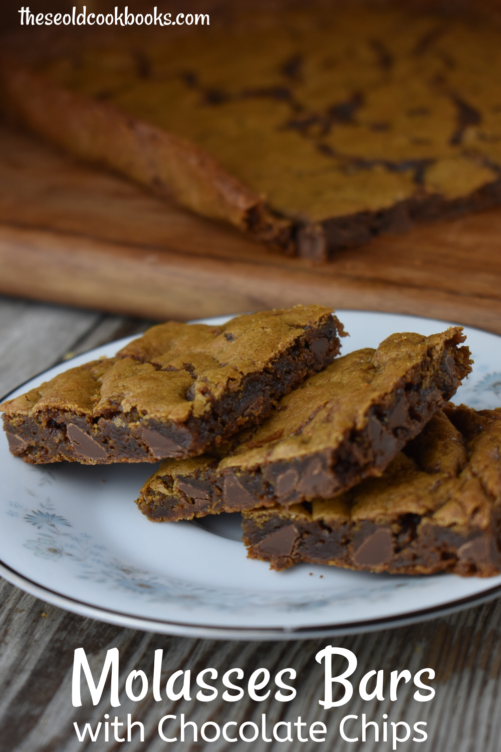 Chocolate Chip Molasses Bars are an old-fashioned molasses cookie with a dense texture.  They have that traditional molasses cookie flavor enhanced with the addition of chocolate chips.  Making these as a bar cookie cuts down time and energy.