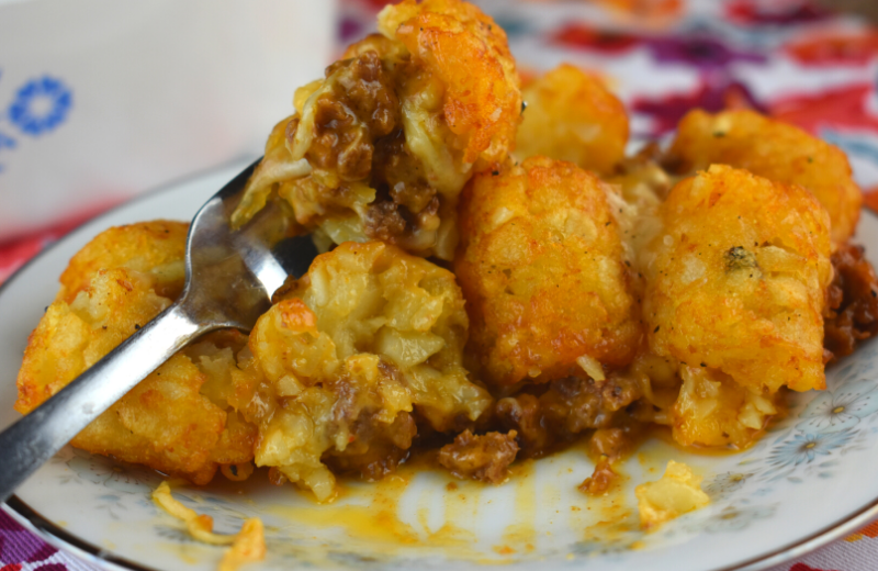 Frisco Tater Tot Casserole is an updated version of the classic recipe. Our tater tot casserole without soup has all the flavors of a Frisco Melt.  It's sweet, cheesy flavor will have your kids begging for more.