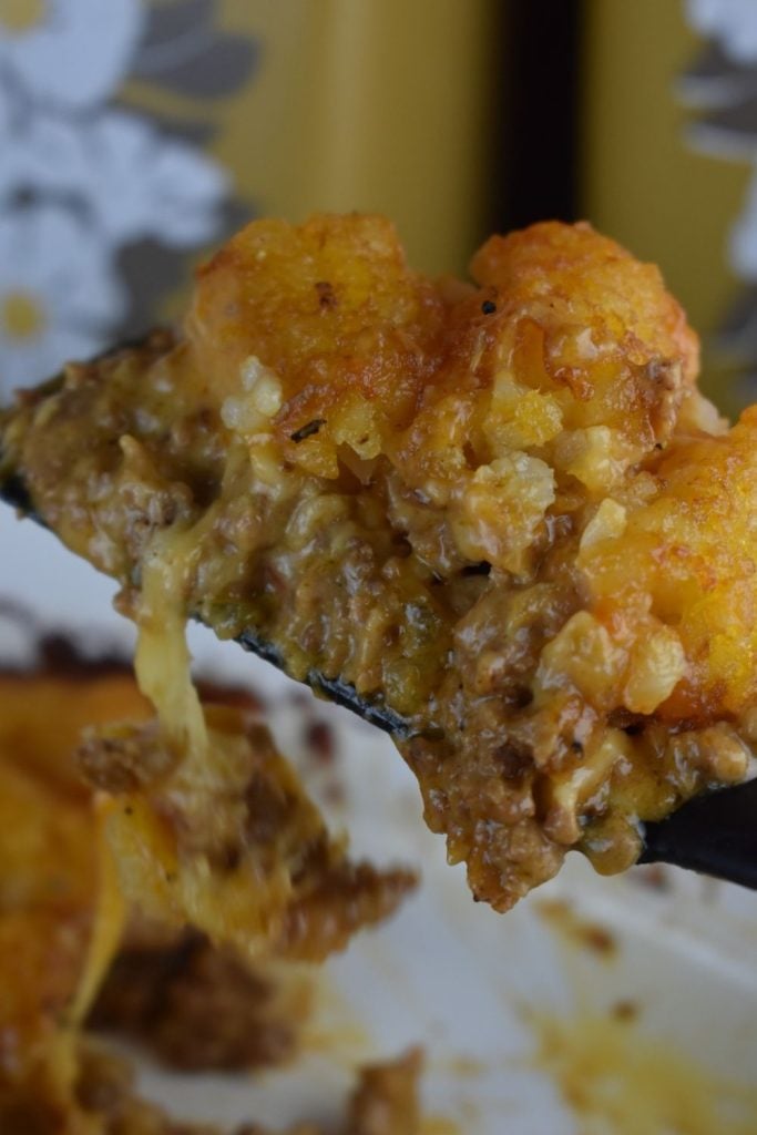 A bite of this easy casserole gives you lots of flavor with the frisco sauced ground beef and some crunch with the tater tots on top.