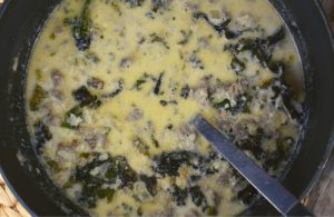 Low Carb Tuscan Kale Soup is a copy cat recipe for keto zuppa toscana made with sausage, riced cauliflower and kale. 
