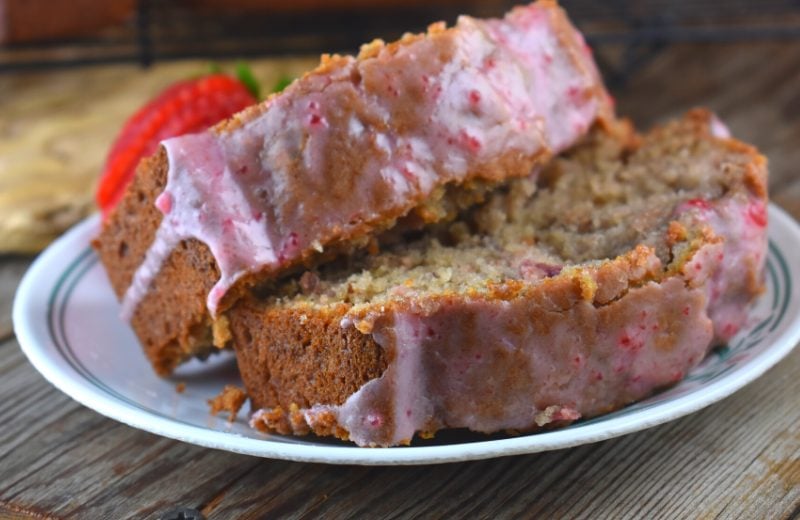 This strawberry quick bread is made with frozen strawberries and has a delicious glaze.