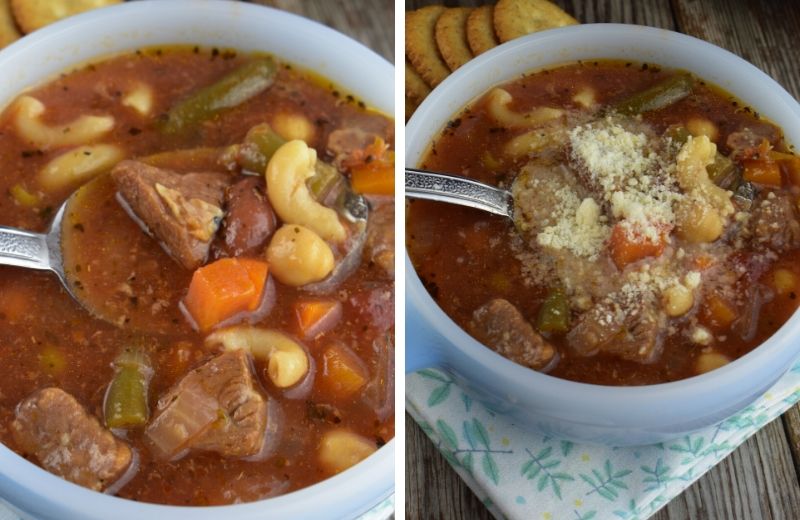 Crock Pot Minestrone with Cubed Beef is a one-pot meal that feeds a crowd. This Italian-inspired soup recipe uses beef stew meat for a hearty minestrone packed with vegetables and beans. 