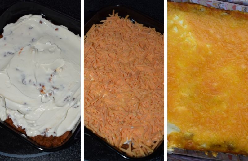 There's only 5 simple ingredients between you and this warm, cheesy Taco Dip with Meat and Beans.  Ground Beef, Re-fried beans, Ortego Taco Sauce, Sour Cream and Shredded Cheese.  This simple appetizer is soon to be your go-to for game day, holidays, family gatherings or Taco Tuesday. 