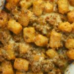 Looking for a new weeknight dinner?  Crock Pot Frisco Melt Tater Tot Casserole is a play on the Steak N Shake Frisco Melt with a saucy sweet base and loads of cheese. 