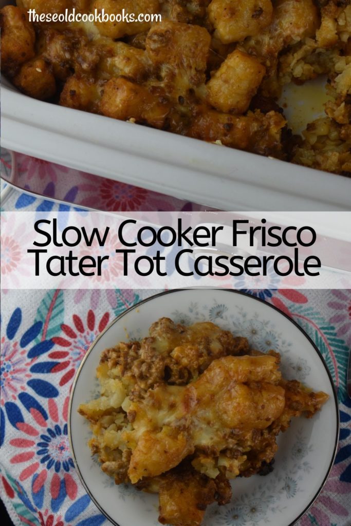 Slow Cooker Frisco Melt Tater Tot Casserole has a delicious sauce that is made from a base of ketchup, French dressing and Thousand Island dressing, and the cheesy factor is a combination of Velveeta (cheese melt) and Swiss cheese.