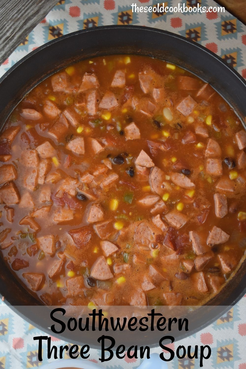 Southwestern Three Bean Soup is a hearty soup with simple ingredients.  The southwest flavors complement a combination of chili beans, black beans and white kidney beans.  Make a huge pot of this and eat on it for the whole week. 