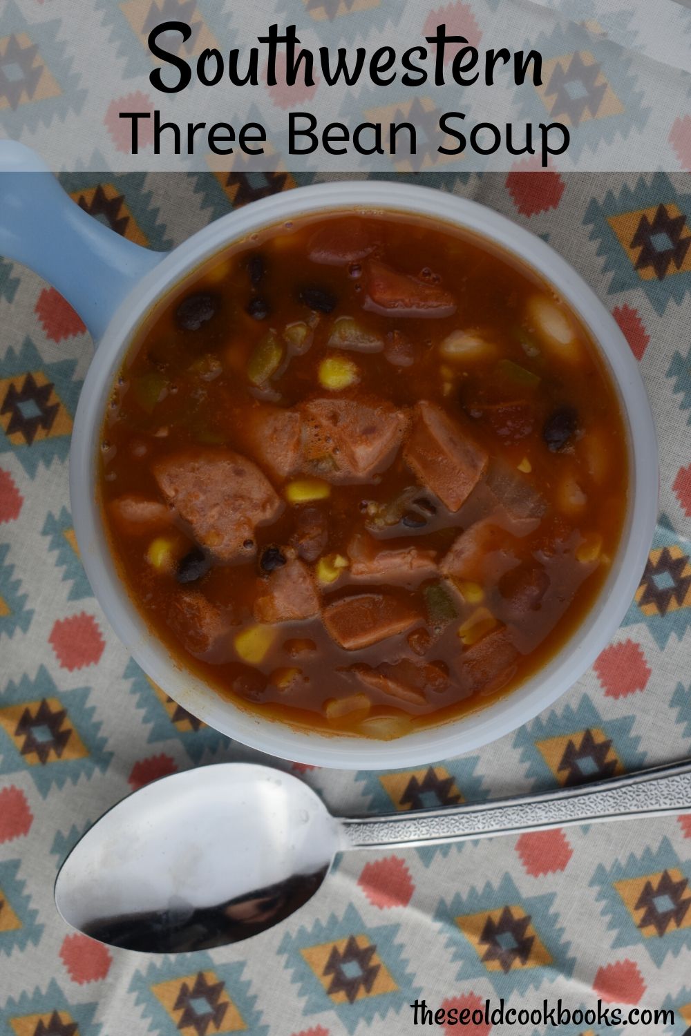 Southwestern Three Bean Soup is a hearty soup with simple ingredients.  The southwest flavors complement a combination of chili beans, black beans and white kidney beans.  Make a huge pot of this and eat on it for the whole week. 