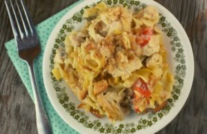 Our version of homemade Chicken Tetrazzini Casserole is without canned soup, sour cream and cream.  Instead, the cheesy sauce is made from milk, chicken broth, and shredded Parmesan.  I guess you could say this is just like Grandma would make back in her day.