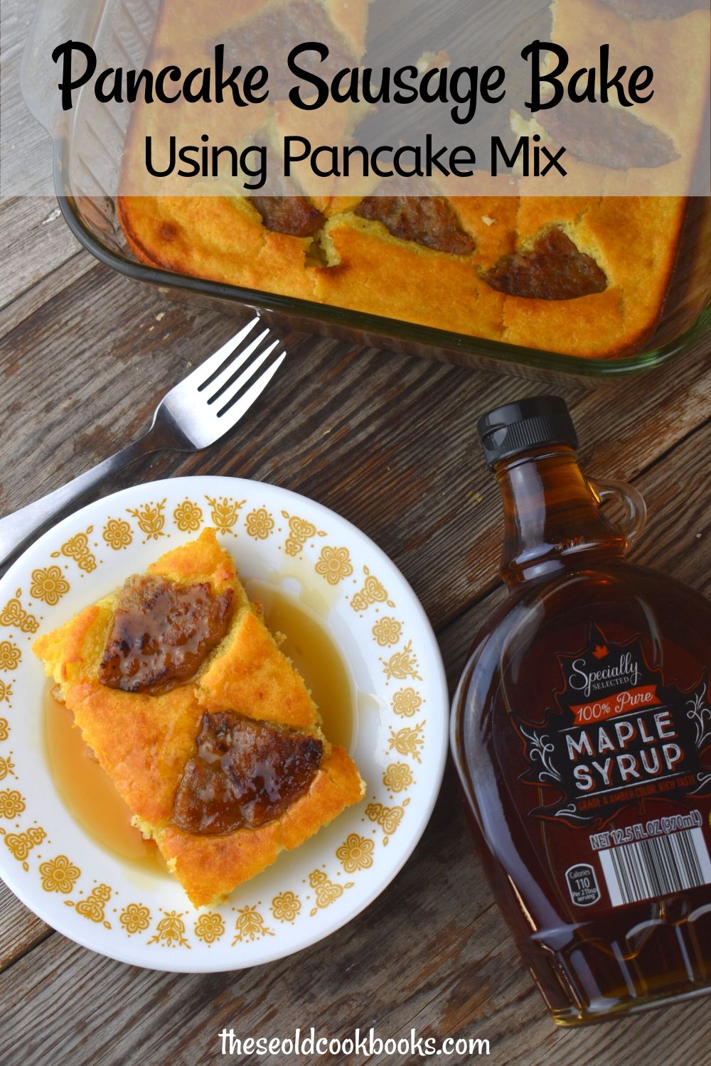 Tired of sitting over a skillet, flipping pancakes one at a time?  Easy Pancake Sausage Casserole (aka pancake mix casserole) uses five simple ingredients and will transform the way you prepare pancakes for your family.  