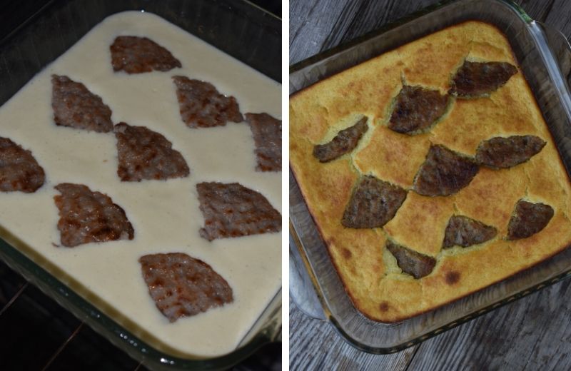 Place precooked sausage patties on top of a layer of pancake batter and place in the oven for a delicious breakfast sausage pancake casserole.