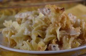 Our version of homemade Chicken Tetrazzini Casserole (with egg noodles) is without canned soup, sour cream and cream. Instead, the cheesy sauce is made from milk, chicken broth and shredded Parmesan. This Chicken Tetrazzini with homemade sauce is just like Grandma might make back in her day.