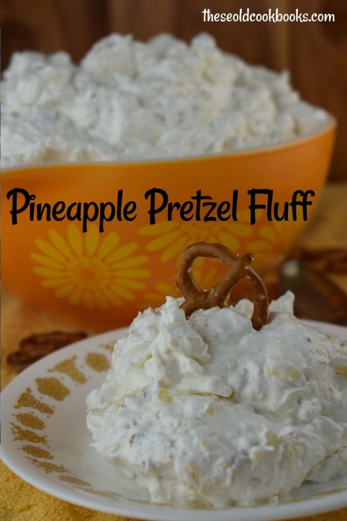 Pineapple pretzel fluff is a vintage salad featuring cream cheese, cool whip, canned pineapples and pretzels.