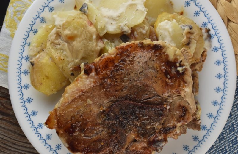 Mom's Oven Pork Chops and Potatoes is a classic baked meat and potatoes dish that was served up many nights during my childhood.  This method of baking results in a fork-tender pork chop that the whole family will enjoy. Plus, it's an economical option with only 4 ingredients (plus salt and pepper).