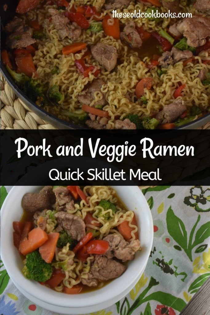Pork Ramen Dinner is an easy stir-fry skillet meal that can be on the table in 20 minutes.  Budget-friendly ramen packets are transformed into a delicious and nutritious meal.
