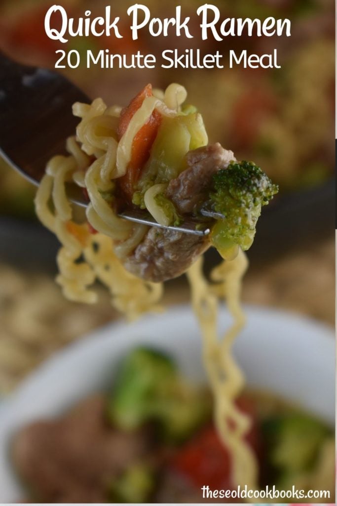Pork Ramen Dinner is an easy stir-fry skillet meal that can be on the table in twenty minutes.  Budget friendly ramen packets are transformed into a delicious and nutritious meal.