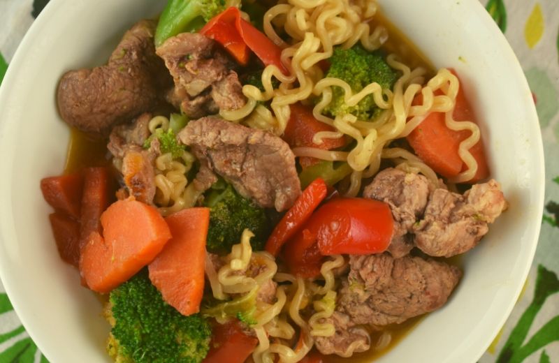 Pork Ramen Dinner is an easy stir-fry skillet meal that can be on the table in twenty minutes.  Budget-friendly ramen packets are transformed into a delicious and nutritious meal. 