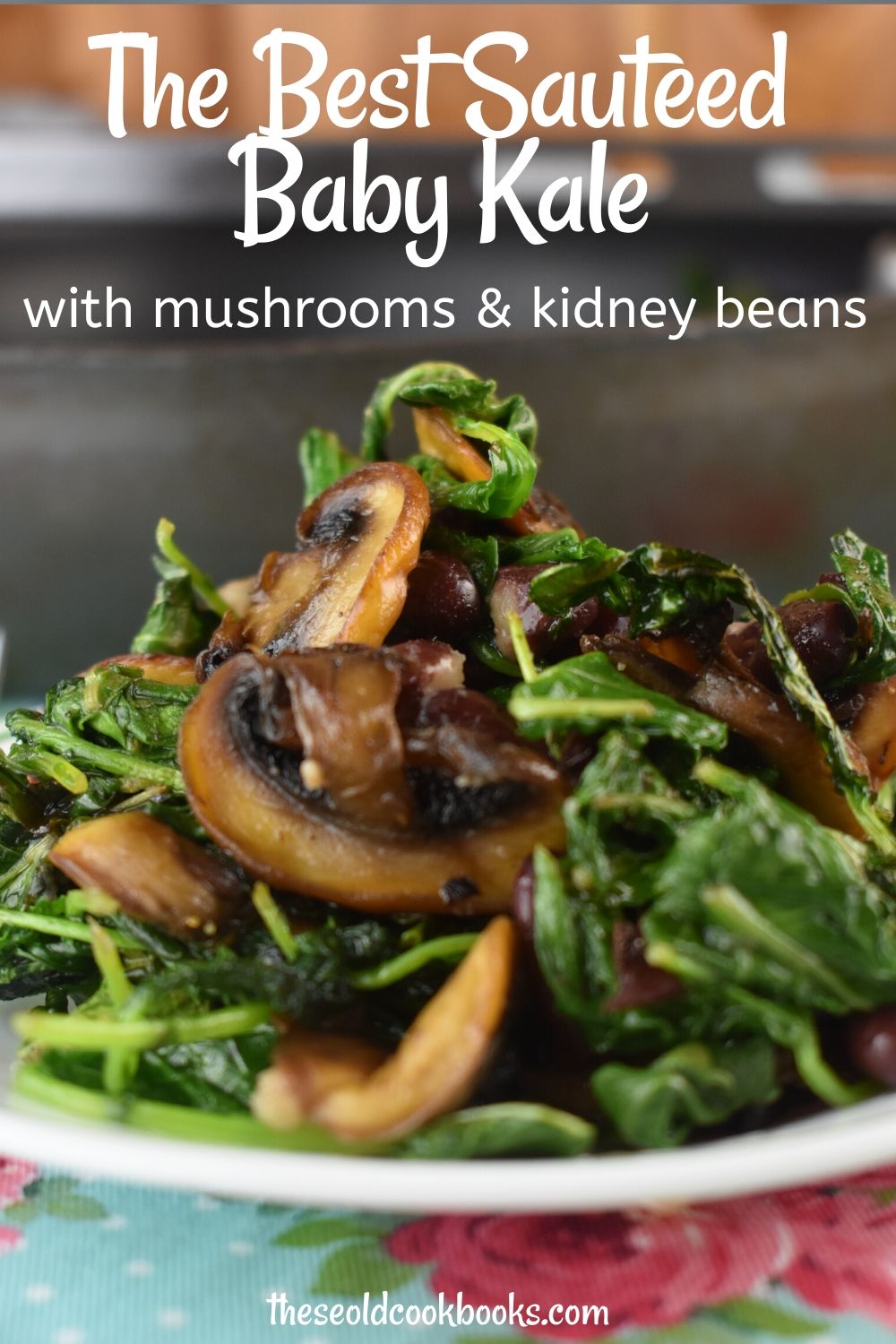 Sauteed Baby Kale and Mushrooms is packed with flavor and nutritious ingredients. Mushrooms sauteed in olive oil perfectly compliment wilted baby kale with a surprise addition of kidney beans for added protein. Serve this along side grilled chicken or make it meatless by eating it over a cooked sweet potato or quinoa. 