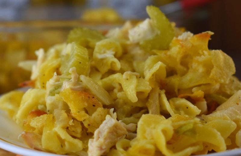 What's so special about Chicken Crunch Casserole? Diced chicken and soft egg noodles are combined with water chestnuts, almonds and celery.  Topped with crushed potato chips, this chicken water chestnut casserole is a perfect option to serve the whole family. 