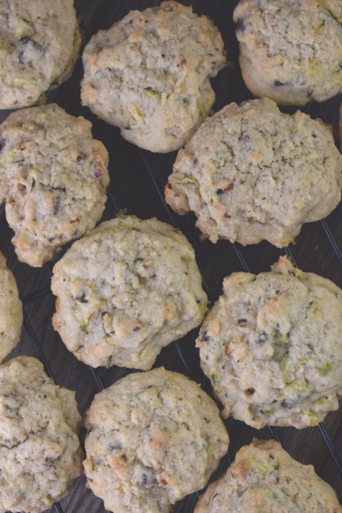 This recipe makes 64 good size chocolate chip zucchini cookies.