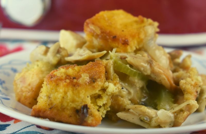 Be prepared to add Crockpot Chicken Cornbread Stuffing Casserole to your regular rotation of dinners.  It tastes like the best of Thanksgiving dinner wrapped up into one easy meal. I promise your family will lick their plates clean and beg for more!