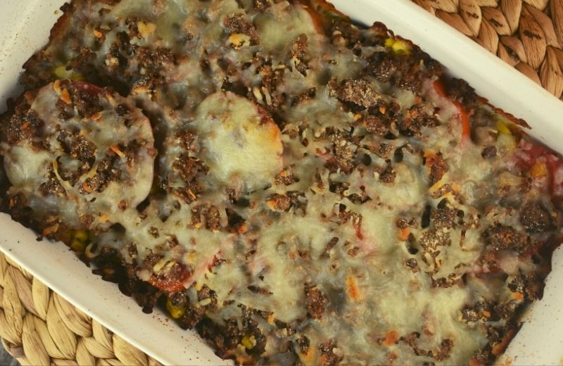 This version of zucchini tomato casserole with hamburger contains zucchini, onion, corn and tomatoes; however, you can make it with diced pepper and sliced mushrooms. The options are limitless for this garden casserole.
