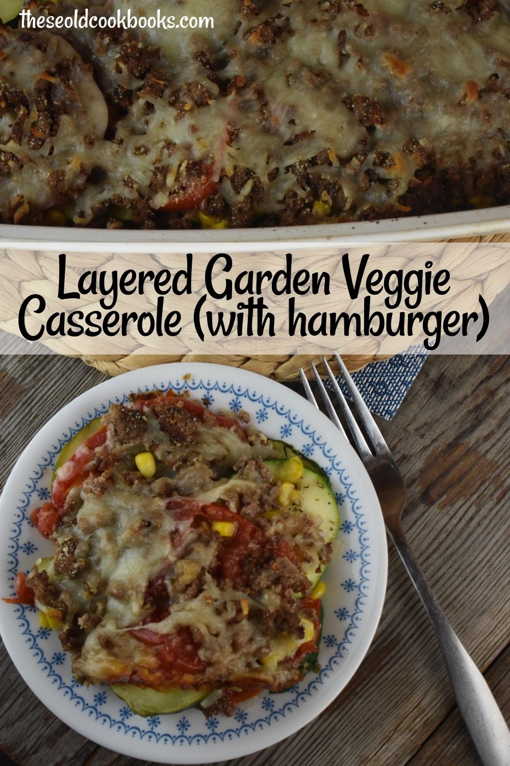 Layered garden veggie casserole uses all of those yummy summer vegetables and ground beef then topped with shredded cheese.
