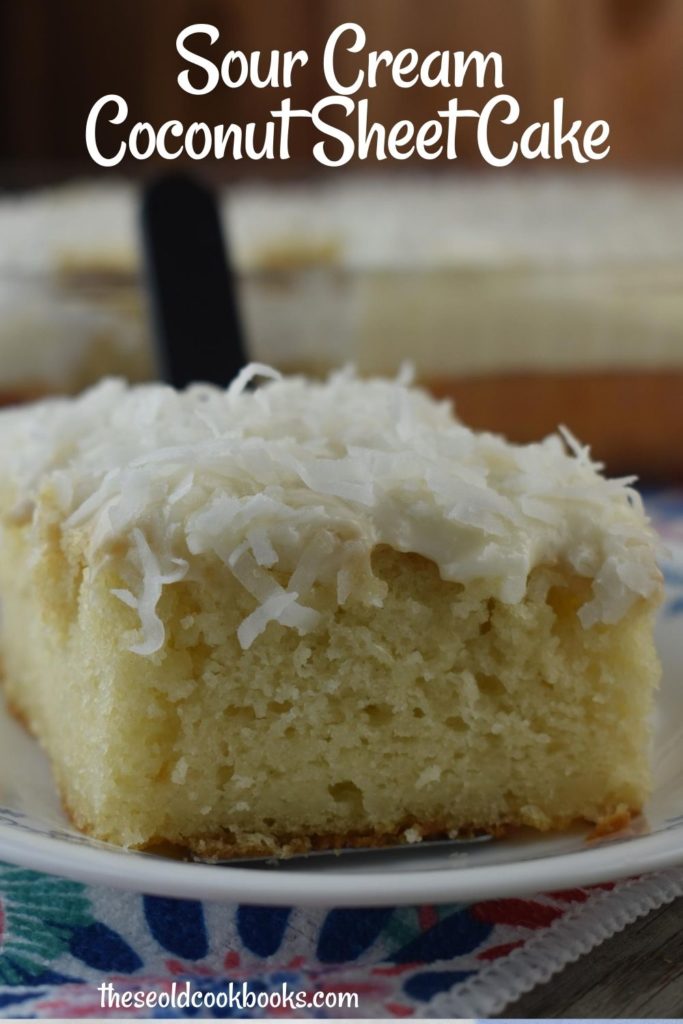 What makes this 9 x 13 Sour Cream Coconut Cake so special?  This amped up white cake mix recipe has a dense, moist texture that comes from a combination of sour cream and cream of coconut. And the icing on the cake? Well, it's literally a homemade cream cheese frosting that is to die for.