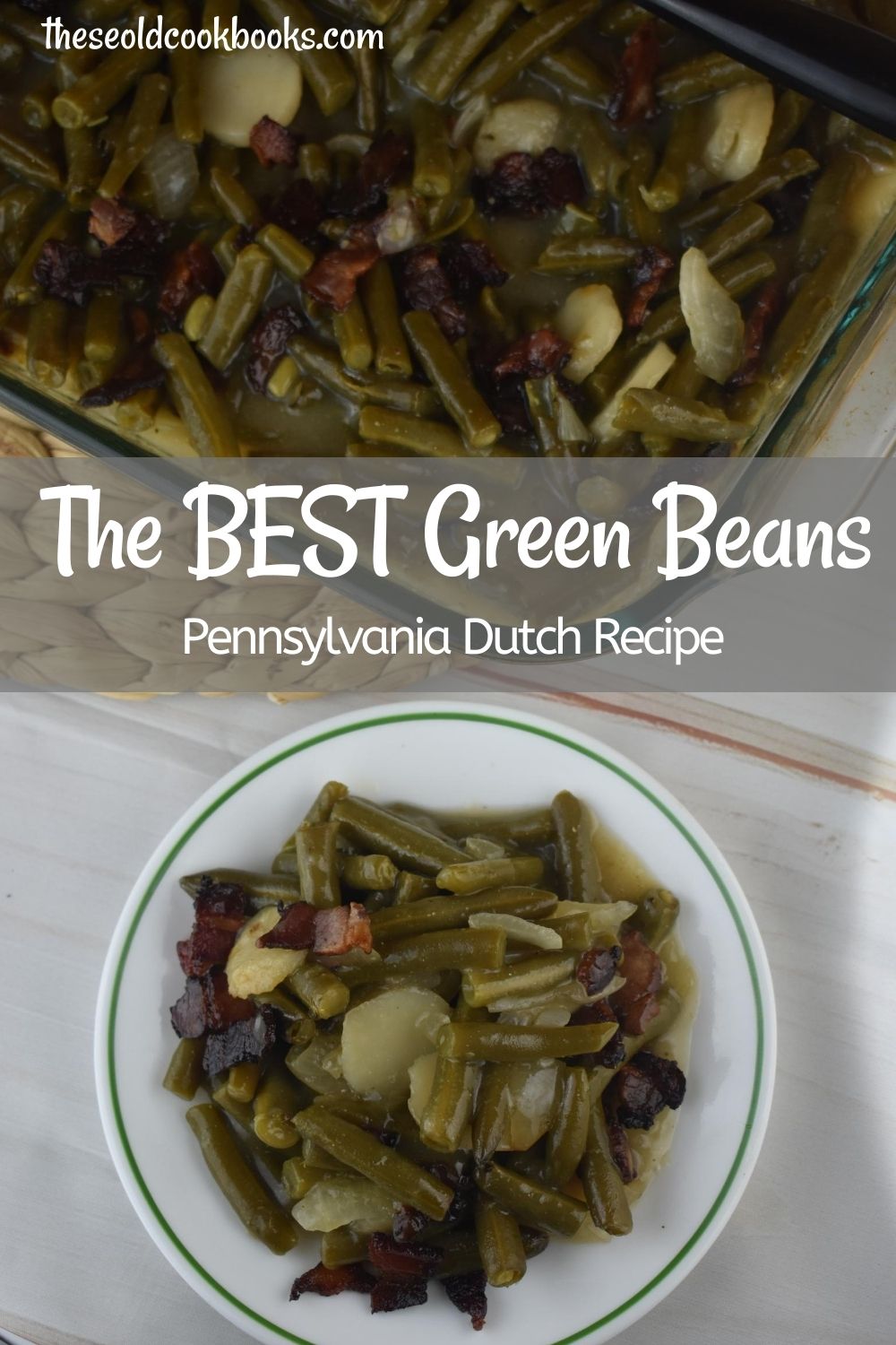 Pennsylvania Dutch Green Beans are a German-inspired side dish. Canned green beans are enhanced with water chestnuts, onions and bacon and baked in a slightly sweet and tangy sauce.  These can be eaten right away or prepped the night before for the perfect holiday green bean recipe. 