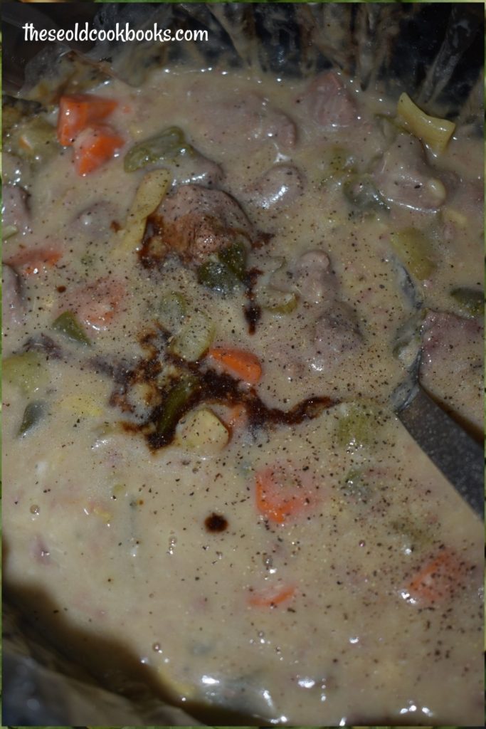 Crockpot Beef Stew with Beer is a dump and go dinner that will warm you up on a cold night.  Beef stew meat is stewed low and slow in a rich sauce of cream of mushroom and cream of celery soups and beer. 