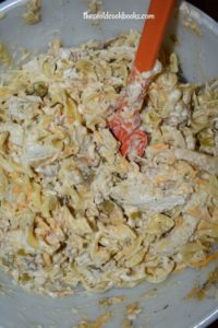 Chicken Ole Casserole (with cream of chicken soup) is a wide egg noodles and chicken casserole with the perfect amount of spice.  This easy chicken casserole recipes for dinner is a winner with the whole family. 