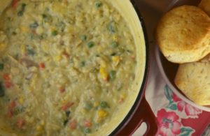 Debbie's Chicken Goop is a crustless chicken pot pie stew that gets served along side of biscuits. It's a hearty chicken dinner that will become a requested staple in your house.