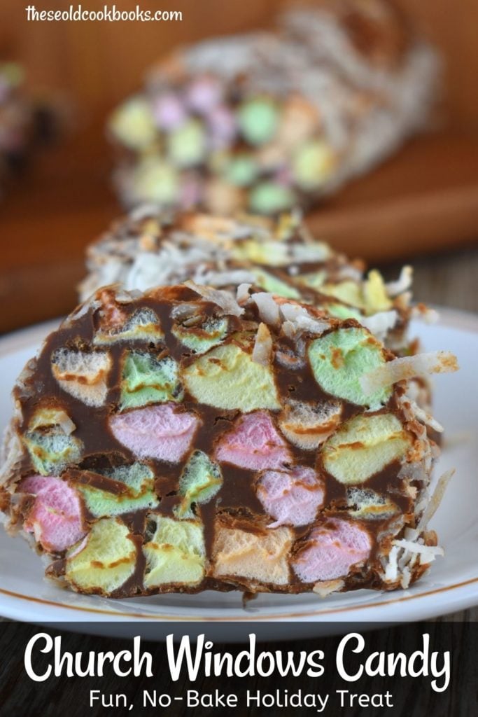Kids love to help make and eat this no-bake Church Windows Candy! This recipe results in a fun and festive sweet treat. Coat colored mini marshmallows in a chocolate mixture and roll them up with a layer of shredded coconut. When ready to serve, slice them up to look like cathedral window cookies.