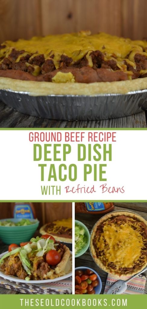 Deep Dish Taco Pie is stuffed full of ground beef, refried beans, cheese and crushed tortilla chips, all nestled in a pie crust.  Serve this easy taco pie at your next Taco Tuesday dinner. 