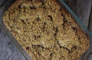 Old Fashioned Rhubarb cake can be made with fresh or frozen rhubarb.  This rhubarb recipe with sour cream has a cinnamon sugar topping.