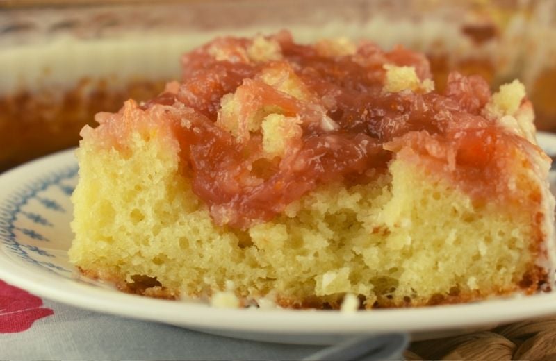 Rhubarb Spoon Cake has the texture of a rhubarb sponge cake and is served like a rhubarb upside cake. The best part is that it's a rhubarb cake using a cake mix and can be made with frozen or fresh rhubarb.