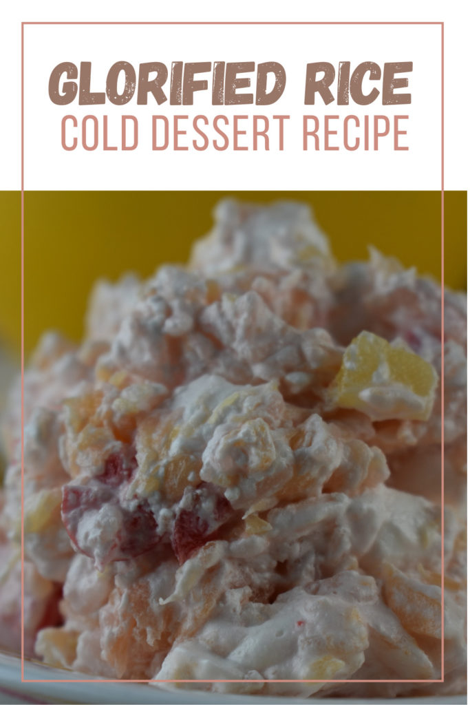 Glorified Rice is an old fashioned dessert salad consisting of white rice, mini marshmallows, pineapple, maraschino cherries and Cool Whip. Served cold, this vintage recipe is perfect for summer.