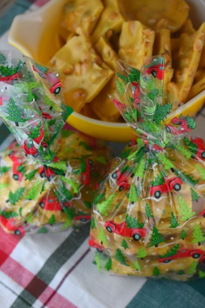 This peanut brittle makes a great homemade gift for the holidays especially when you package them in cute seasonal bags.