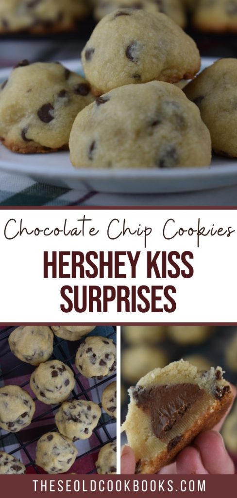 Chocolate Chip Hershey Kiss Cookies have a shortbread texture and flavor and are dotted with mini chocolate chips.  The best part is a hidden Hersey Kiss baked right in the center of each chocolate chip cookie. 