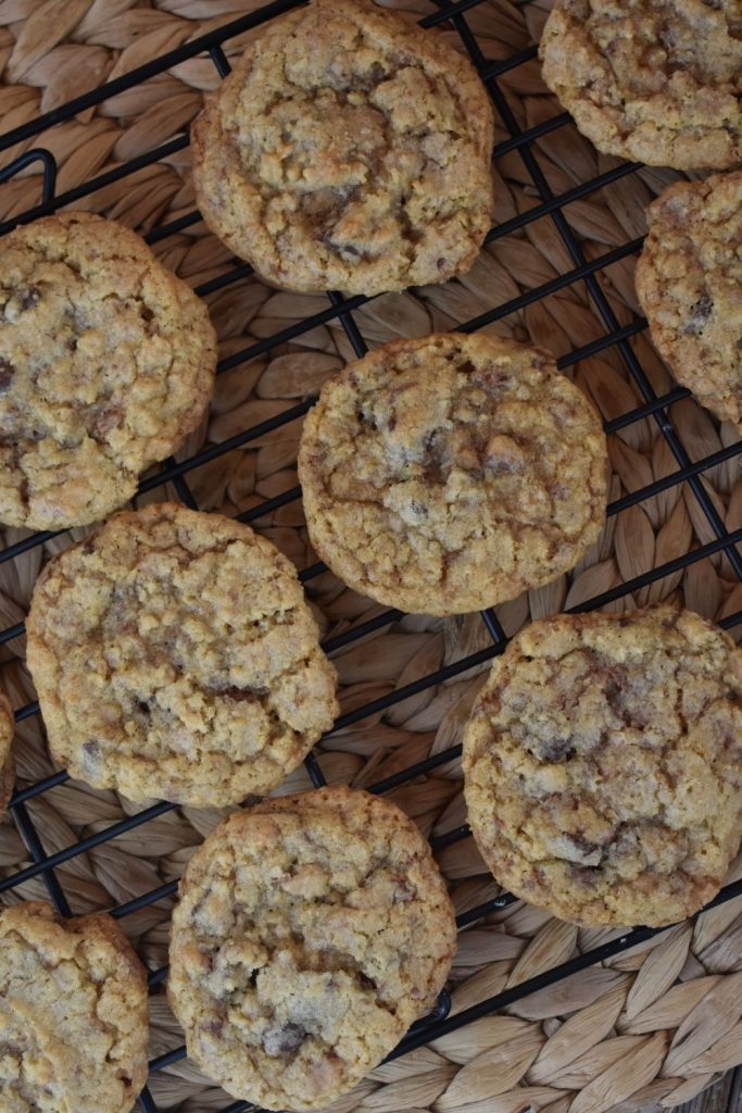 This cowboy cookie recipe has oats (old fashioned or quick oats), chocolate chips, and Toffee Bits (Heath). While some cowboy cookie recipes feature other ingredients, this is a cowboy cookie without coconut and nuts.
