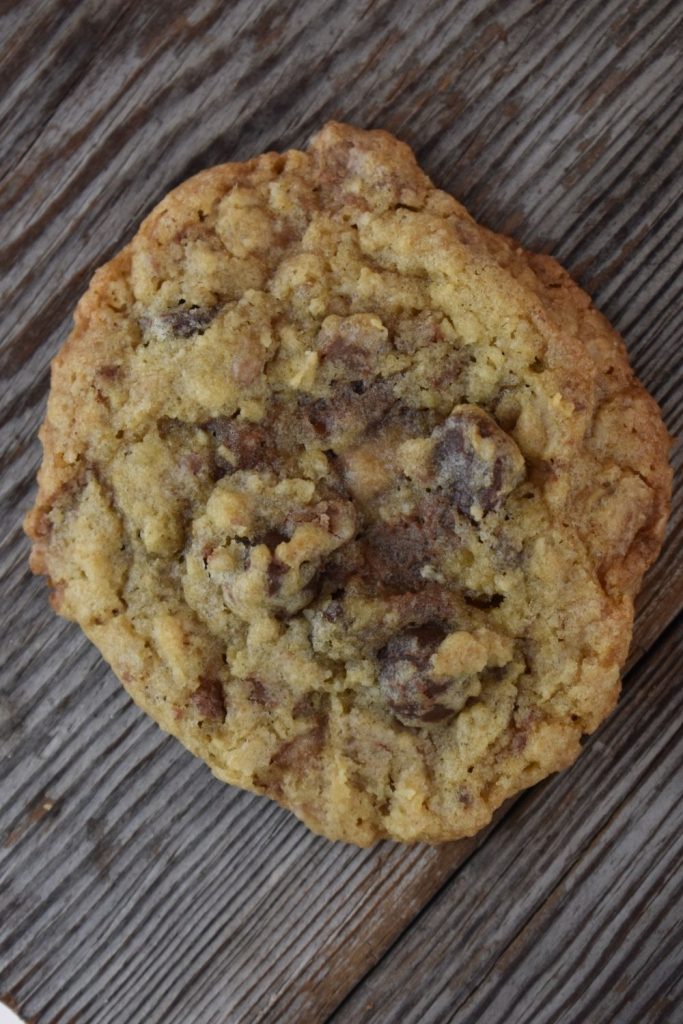 This cowboy cookie recipe has oats (old fashioned or quick oats), chocolate chips, and Toffee Bits (Heath). While some cowboy cookie recipes feature other ingredients, this is a cowboy cookie without coconut and nuts.