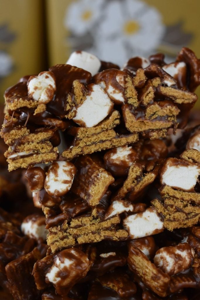 Indoor S'mores Bars are a no bake Golden Grahams S'mores Bars Recipe (with corn syrup). If it's too cold for those traditional S'mores, whip up a batch of these easy s'mores treats with golden grahams. No campfire required!
