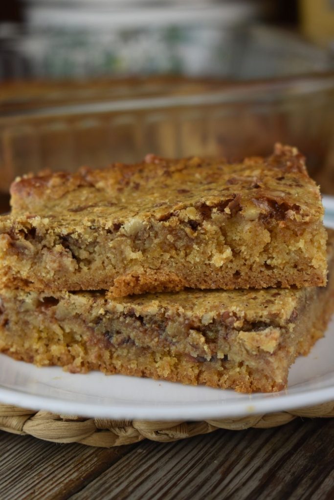 This particular recipe for pecan bars with English bits calls for a yellow cake mix or butter cake mix, but try swapping in a different variety to change things up.