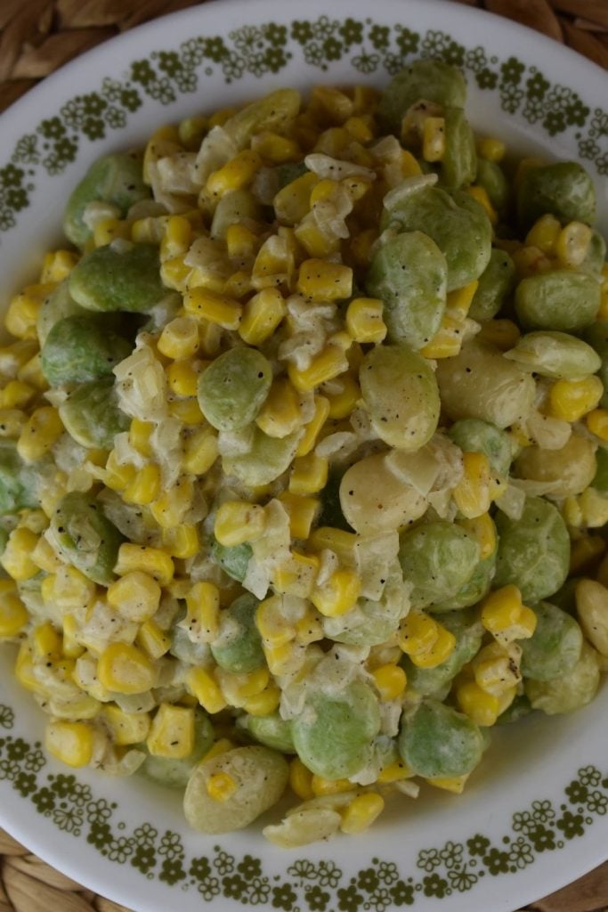 Quick Succotash is a succotash recipe with frozen corn and lima beans (no tomatoes). I love to make this as a simple side dish to serve with steak, ham, or pork roast.