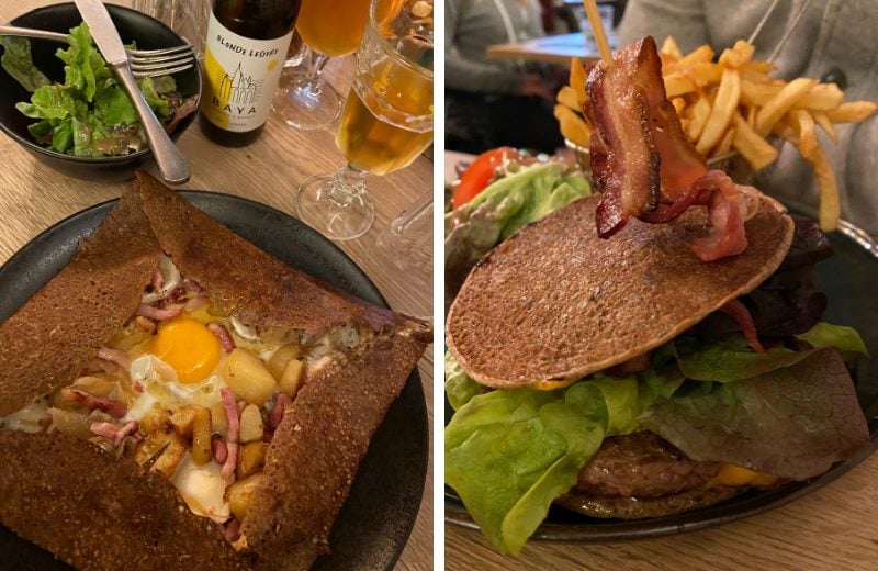 Eat the best Breton Galettes at Le Moulin de la Galette. Galettes are a thin, savory pancake (liked a crepe) made of buckwheat flour.  Inside, the fillings are endless. My husband tried a burger that used mini galettes as the bun.