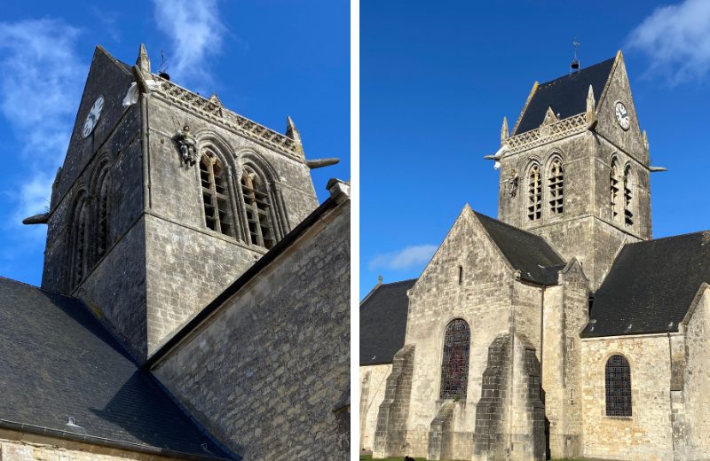 American paratroopers landed at St. Mere Eglise where one named John Steele famously got stuck on the tip of the steeple. His replica can be seen on the steeple today.