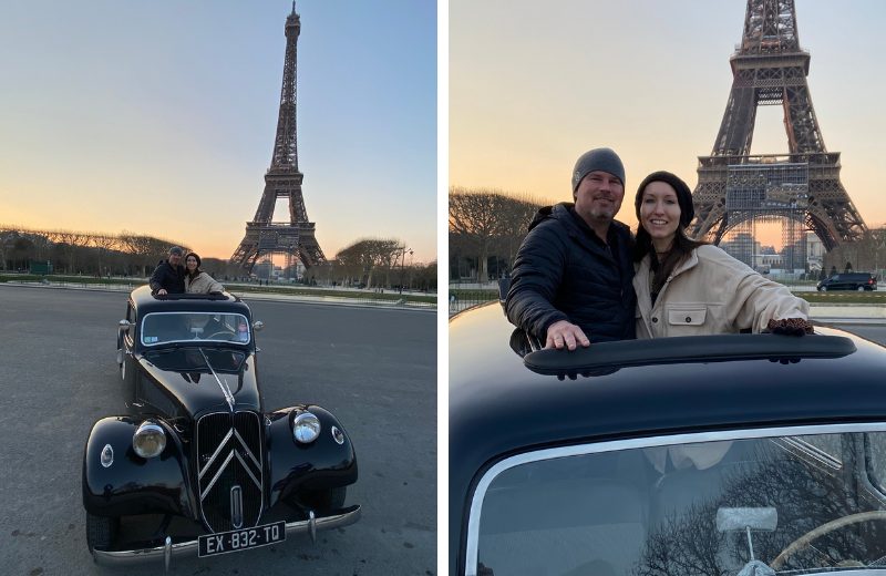 Reserve a tour classic car for a tour of Paris and stop at sites around the city, including the Eiffel Tower, for photos.