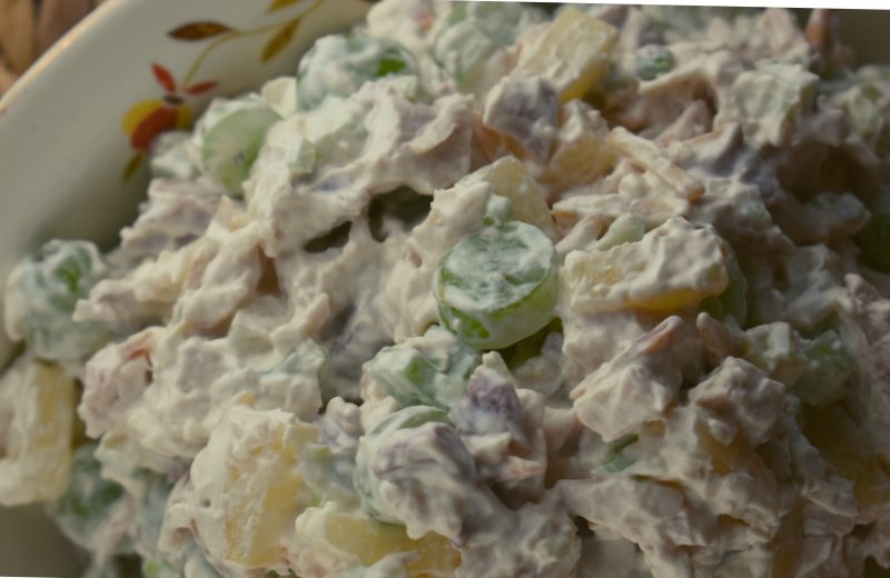 The best chicken salad in our opinion is this recipe which includes mayonnaise, sour cream, green grapes and celery.